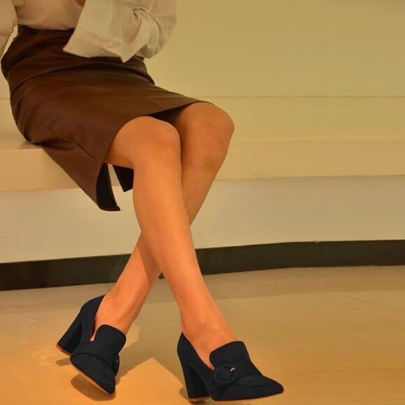 YDN Black Chunky High Heels Square Toe Loafer Shoes Slip On Suede Buckle Pump - Picture 1 of 8